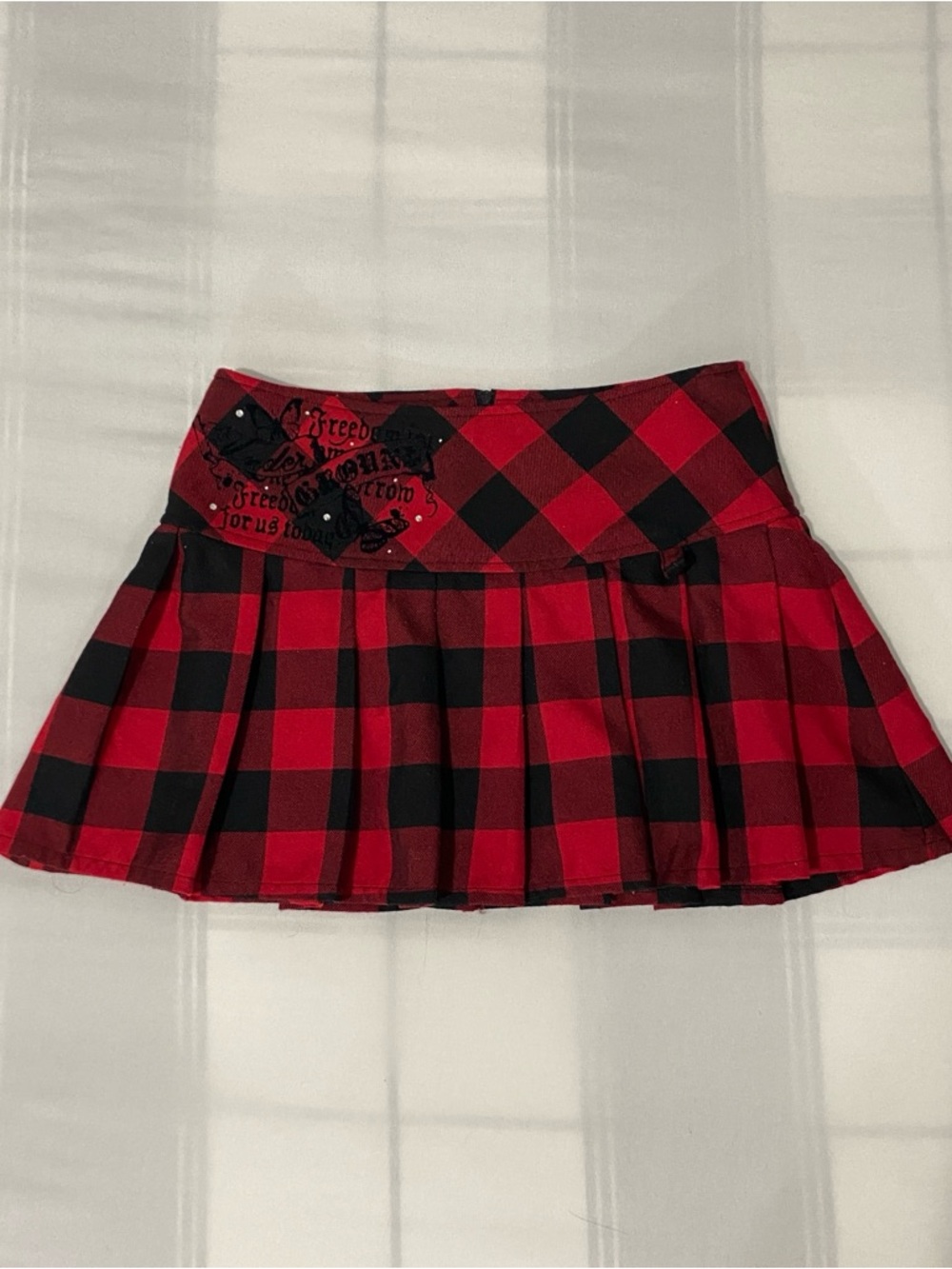 Y2K Red And Black Plaid Pleated Mini Skirt With Embroidered Detail